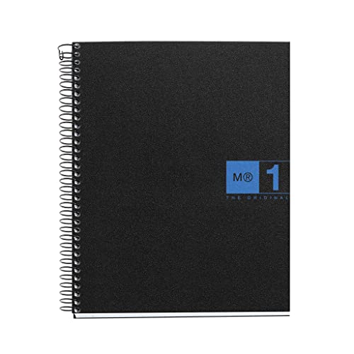 Miquelrius - Cuaderno A5, 80 hojas de 70 g/m², 1 banda de color, Libreta cuadriculada 5 mm, 2 taladros, Cubierta flexible de polipropileno, Notebook The Original, Color Negro/Azul