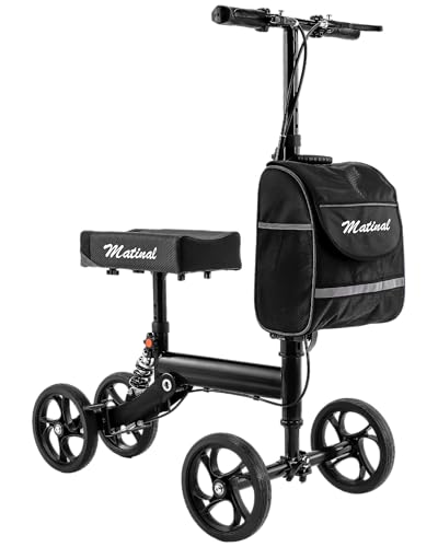 Matinal Knie Roller mit Stoßdämpfung Stabiler Knie-Rollator bis 136 kg höhenverstellbare Gehhilfe für Erwachsene nach Fuß-OP inkl. abnehmbarer Tasche & 20 cm Vorderrad Schwarz