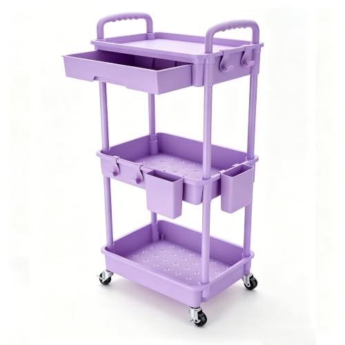 Image of REBECAT 3 Tier Rolling Cart with Drawer, Utility Storage Cart on Wheels for Kitchen, Bathroom, Living Room,Office(Purple)