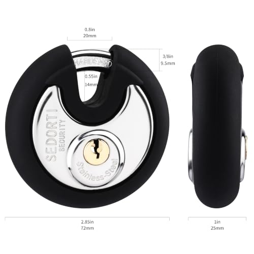 Image of SEDORTI 12-Pack Covered Keyed Alike Stainless Steel Disc Padlocks | For Storage Unit Gate Outdoor Locker Shed Fence, Round Lock with Rubber Bumper, Weather-resistant Storage Lock with Brass Key