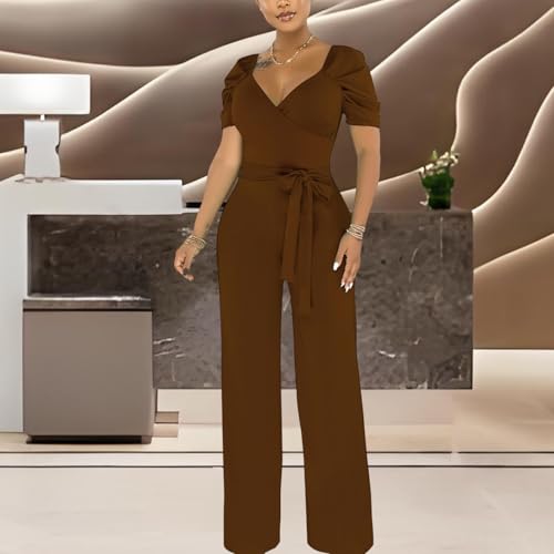 Image of PaladMom Womens Elegant Plus Size Jumpsuits Sexy Back zipper Short Sleeve Mid Waist Wide Leg Straight Rompers