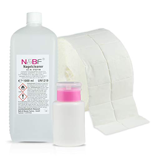 N&BF Nagel Cleaner Set 1000ml + Dispenser Pumpflasche + 1000 Zelletten Cellulose Pads (2 Rollen à 500 Stück) - 70% Isopropanol-Alkohol isopropylalkohol 1L - für Gelnägel - Nagelreiniger (Rosa 150) Cover