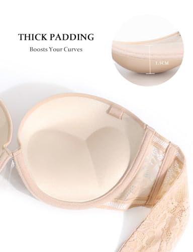 Strapless Push Up Bra with Clear Straps for Women, Thick Padded Underwire Convertible Bras Add One Cup3