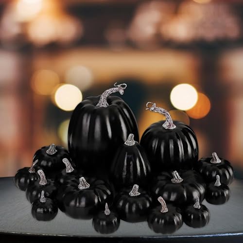 Lindagary 16pcs Harvest Pumpkins Artificial Pumpkins Model Foam Pumpkins Ornament Decorative Crafts Pumpkins for Halloween Thanksgiving Home Party Table Decor - Black