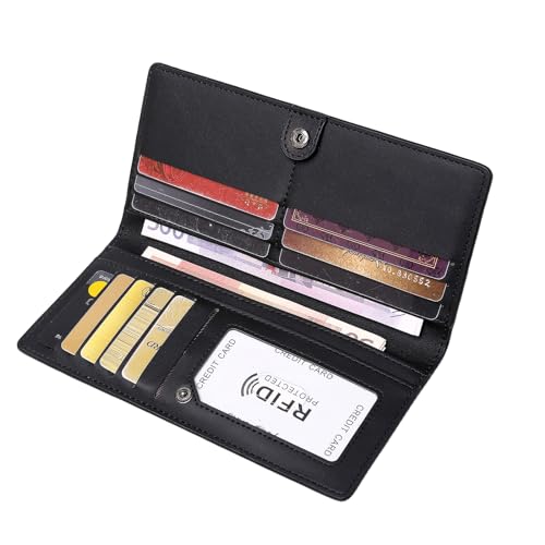 Image of Wallets for Women Slim Thin Soft Leather RFID Blocking Credit Card Holder Bifold Long Ladies Wallet Clutch, A01-black, Modern
