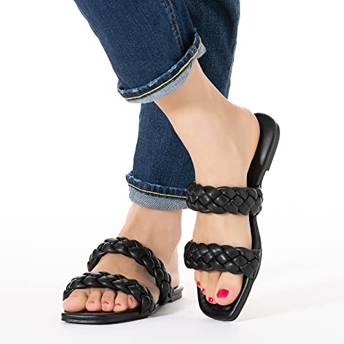Image of Mtzyoa Women Flat Sandals Raffia Braided Summer Straw Dressy Casual Vacation Bohemian Cute Beach Comfy Slip On Slides