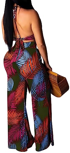 Elegant Two Piece Sets for Women Sexy Printing Halter Bandage Top Long Straight Pants Vacation Outfits Beach2