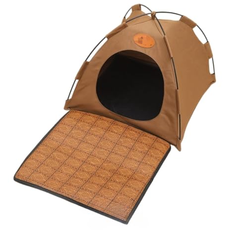 Conutoo 夏用キャットテント メッシュ窓付き 通気性が良く涼しい室内犬猫用 居心地の良い空間 暑さ対策 耐久性に優れ、噛みつき防止 取り外し可能で洗濯可能 通年使用可能な室内ペットハウス 組み立て簡単 (M,ブラウン)
