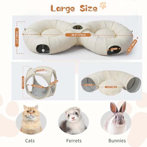 Image of Pawaboo 2-in-1 Cat Tunnel Bed for Indoor Cats, 8-Shaped Large Cat Tunnels with Plush Cushions, Foldable Cats Cave Hideout Kitty Toys with Fluffy Balls, Donut Tunnel for Kitten Rabbit Ferret,Beige