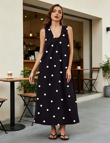 Image of Women Flowy Maxi Dress Ruched Sleeveless Long Dress Vacation Fashion Summer Casual Loose Fit Sundress with Pockets