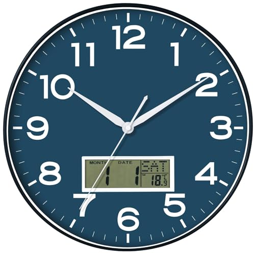 Image of AKCISOT Wall Clock 12 Inch, Non-Ticking Silent Battery Operated Analog with LCD Display for Perpetual Calendar and Temperature, Ideal Modern Decor for Home, Bedroom, Kitchen, Office (Blue)