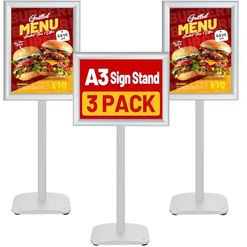 VAIIGO Lot de 3 Porte Affiche A3 sur Pied avec Base Lourde - Présentoir Menu Extérieur Réglable 360°, Support de Panneau, cadre encliquetable pour menu,...