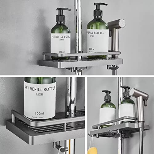 Hoomtaook Shower Caddy no Drilling Hanging Shower Shelves Shower Accessories Holders with 2 Hooks and Shower Head Hook for Suit [21mm-25mm] Rail 2 Pack Grey, Gray
