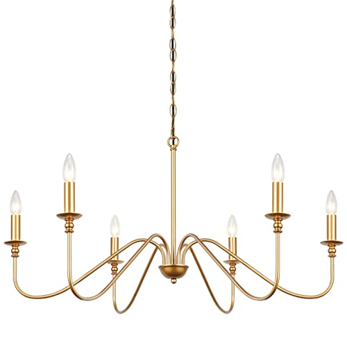 Eco-Homely Gold Chandelier 6 Lights Iron Chandelier Industrial Classic Candle Ceiling Rustic Pendant Lights Fixture For Dining Living Room Bedroom Kitchen Island Hanging Lighting #TOP7