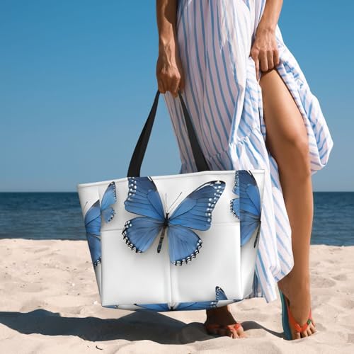 (Blue Butterfly On Blossom Flower) Large Beach Tote Bag for Women Waterproof Sandproof Travel Shoulder Bag with Pocket for Pool Vacation Weekend Gym 6