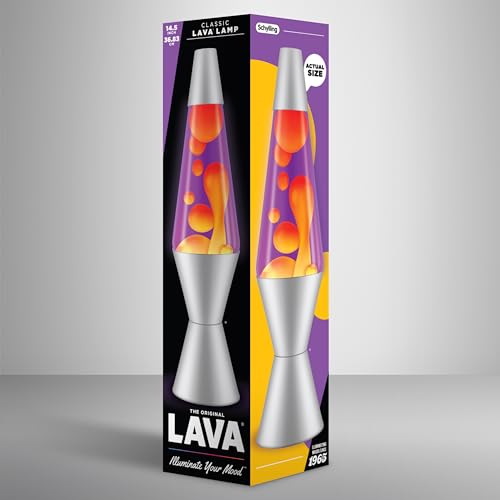 LAVA® - Lava Lampe 2125, gelbes Wachs, lila Flüssigkeit, silberner Sockel und Deckel, Original 14,5 Zoll Bewegungslampe der Marke LAVA®