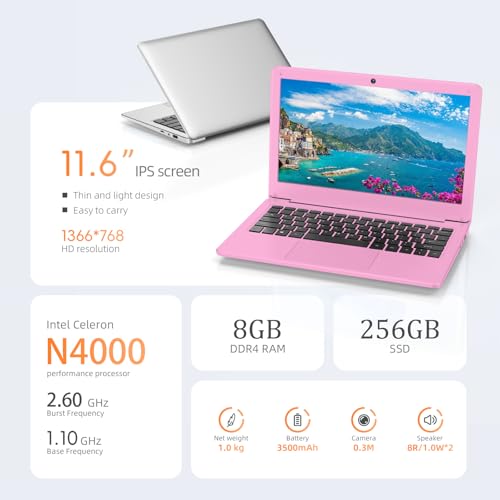 Image of JUSTTHINK 11.6'' Pink Laptop with Wireless Mouse, Inter Processor up to 2.6GHz, 8GB RAM, 256GB SSD, Windows 11, Long Battery Life, Ultral Light Laptop for Students and Business
