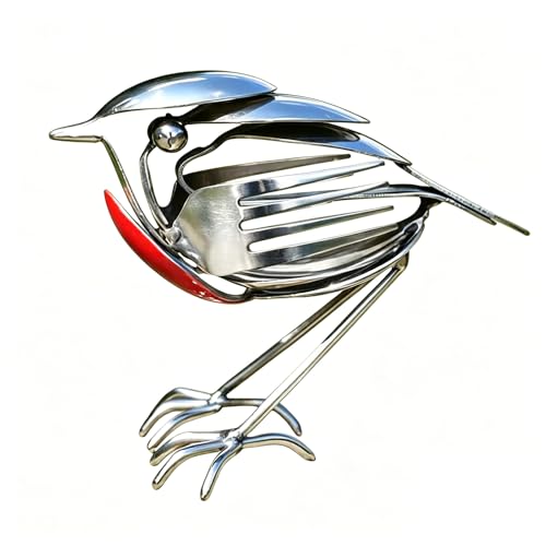 Metal Robin Garden Ornament Handmade Metal Robin Bird Art Sculpture Scrap Metals Art Bird Sculpture Rustic Fork & Spoon Cutlery Craft Statue for Home Garden Decor Unique Gift for Bird Lovers (1PC)