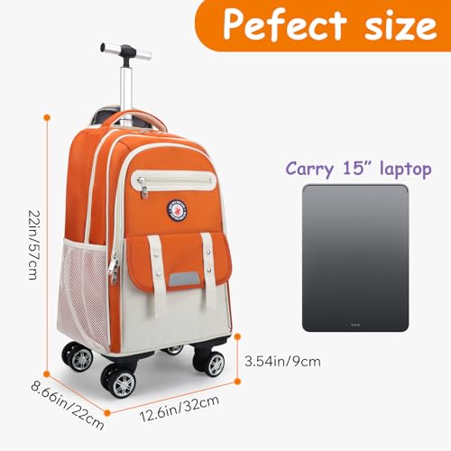 Egchescebo Kids Rolling Backpack for Girls Suitcases Trolley Roller Luggage Backpacks with Rotating Wheels Laptop for Elementary 18” Travel School Bag Mochila Ruedas Para Niños Orange3