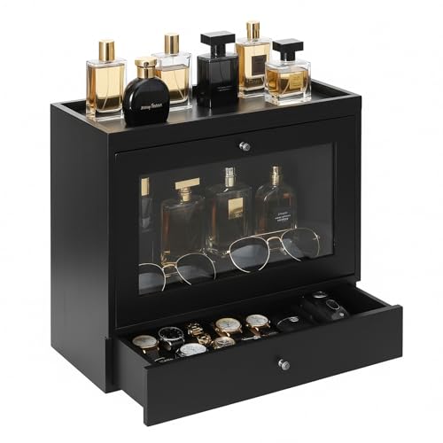 Image of Cologne Organizer for Men Women,Perfume Stand Holder,Cologne Shelf, Solid Wood Cologne Stand with Drawer Storage and Clear Window,Organizador de Perfumes,Perfume Stand Organizer,Black