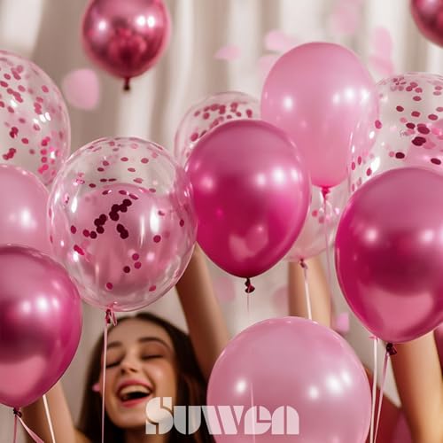 Image of SUWEN Pink Metallic and Confetti Balloons Set 47PCS Hot Pink Latex | Helium Chrome Balloon for Birthday Graduation Anniversary Wedding Party Decorations