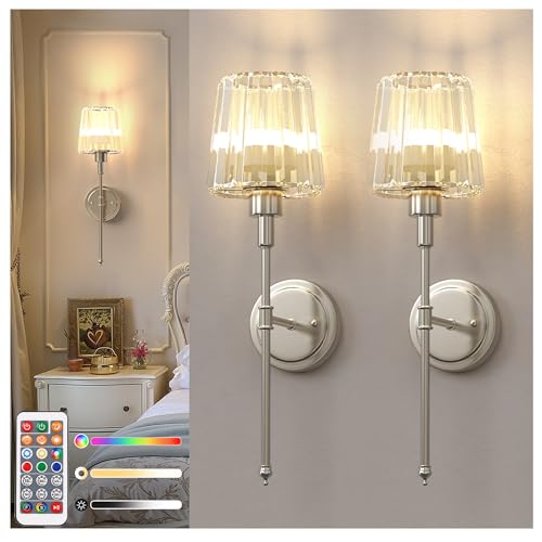 Image of DORESshop Battery Operated Wall Sconce Set of 2, Wireless Wall Light, 15 Color Rechargeable Wall Sconces, Sconce Wall Decor Set of 2 for Bedroom, Living Room, Nickel and Crystal, 24.6in