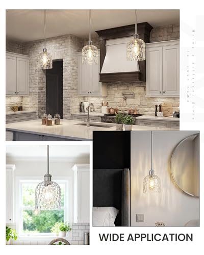 Image of zeyu Adjustable Hanging Lights for Kitchen, Large Pendant Lights Kitchen Island, Modern Hanging Pendant Lights 2 Pack with Clear Hammered Glass, Brushed Nickel Finish, ZJF63MIL-L-2PK BN