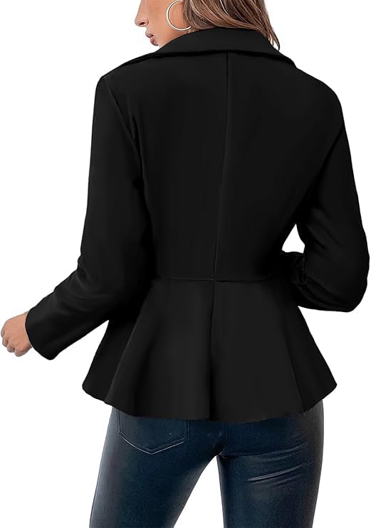 Cicy Bell Elegant Women Blazer Business Work Office Peplum Hem Jacket Open Front Herringbone Coats Black3