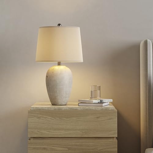 Image of Nourison Home 23 inch Distressed Cream /Beige Rustic Ceramic Jar Table Lamp for Bedroom, Living Room, Dining Office, with Ivory Shade