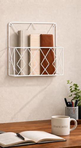 Image of Hanging File & Magazine Holder - Wall Mounted Metal Organizer for Newspapers, Documents & Office Storage | Decorative Wall Rack for Home & Workspace (White)