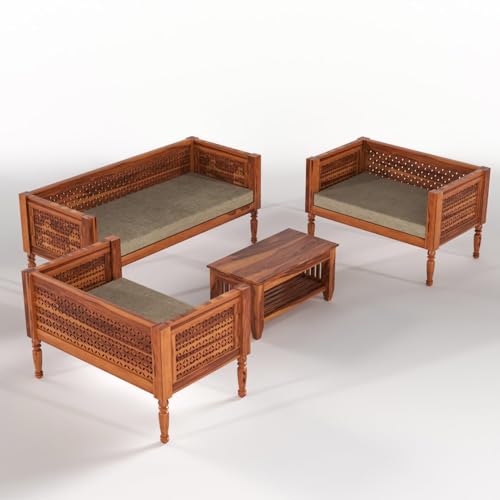 Image of Sheesham Wooden 7 Seater SofaSet for Living Room | Rosewood Cushion Sofa | Solid Wood Sofa Set for Lounge (Honey, 7 Seater)