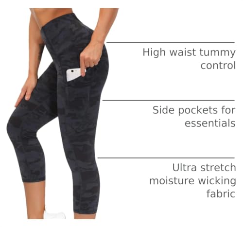 Image of THE GYM PEOPLE Thick High Waist Capris Yoga Pants with Pockets, Tummy Control Workout Running Yoga Leggings for Women