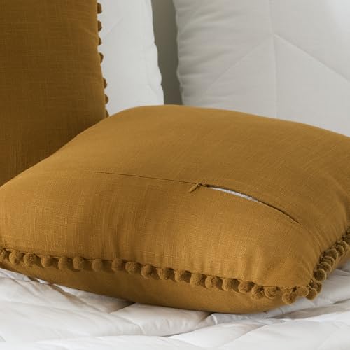 Image of 100% Cotton Pom Pom Cushion Without Filler, Elegant & Modern Cushion Cover for Living Room, Square Shape, 16 inchx16 inch, uni slub, Set of 4 - Bronze
