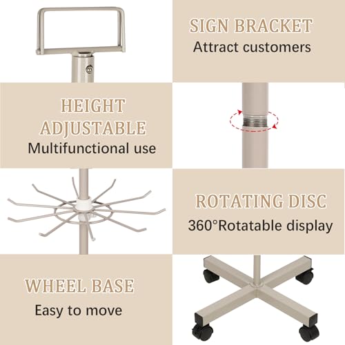Image of Retail Display Stand Store Display Rack 5 Tier Metal Spinning Display Stand Rack with Wheels Keychain Jewelry Stocking Hat Display Stand with Hooks for Malls, Showroom, Retail Store (Grey)
