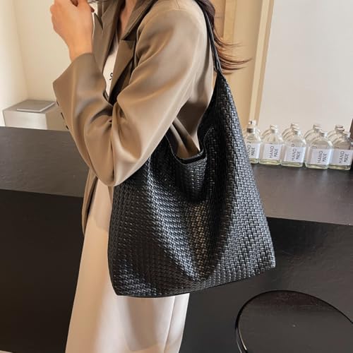 Woven Tote Bag for Women Top-handle Shoulder Bag, Leather Woven Beach Bag Hobo Bags Soft Vegan Handbag Underarm Black4