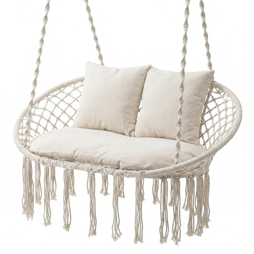 COSTWAY Fauteuil Suspendu 2 Personnes avec 3 Coussins, Charge 250 kg, Chaise Hamac à Franges Exterieur Interieur, Cadre en Métal, Style Bohème, Siège...