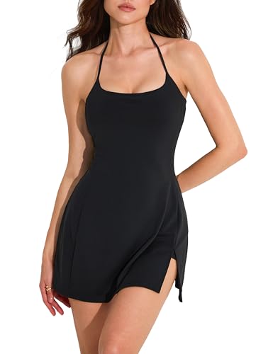 AJISAI Halter Tie Athletic Dress with Shorts Tennis Dresses Workout Golf Skort with Pocket for Women 2026 Black M