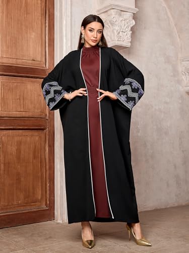 Image of Women's Ethnic Embroidery Muslim Abaya Open Kimono Cardigan Jalabiya