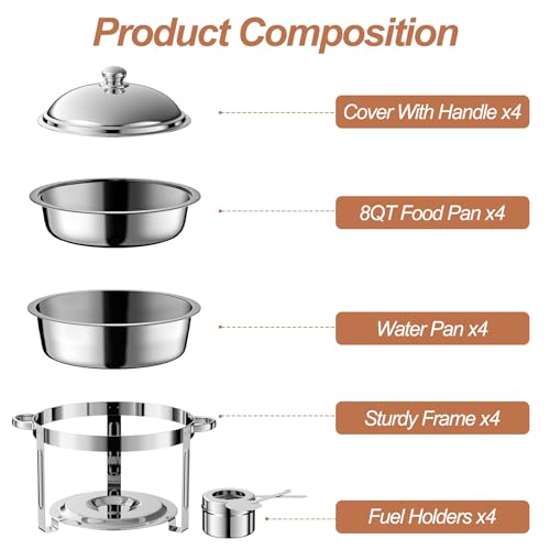 4 Pack Round Chafing Dish Buffet Set,Stainless Steel 8QT Round Buffet Servers and Warmers, Thick Stand Frame Catering Chafe with Mirror Covers,Food Warmer for Party, Weddings,Picnic by KWDOBUUS - Image 2