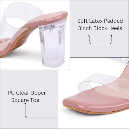 Image of TRASE Transparent Double Strap Block Heels for Women Stylish | Fashionable Heel Sandals for Girls | Elegant & Formal Footwear