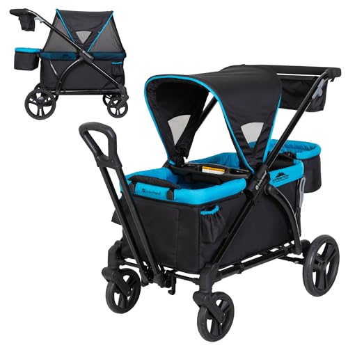 Image of Baby Trend Expedition 2 in 1 Push or Pull Stroller Wagon Plus with Canopy, Car Seat Adapter, and Built-In Seating for 2 Children, Blue
