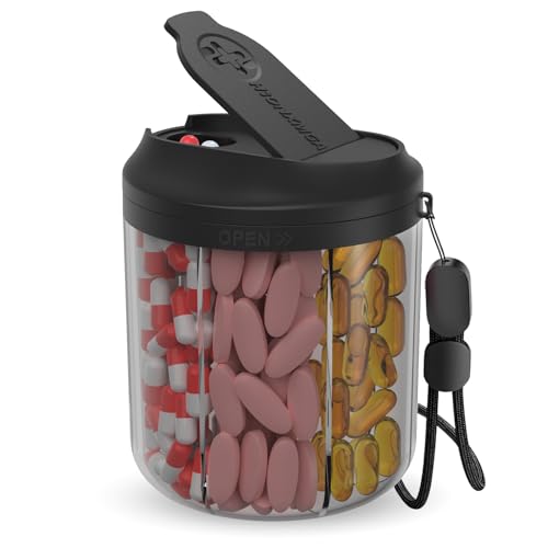 Image of Hionxmga Pill Dispenser with 7 Large Compartments, 4.4 inch H x 3.6 inch Dia Pill Organizer for Travel, Supplement Organizer with Anti-Mixing Design, BPA-Free Pill Container with 20 Pcs Labels, Black