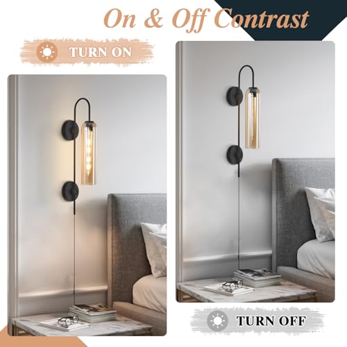 Image of BOKT Modern 1-Light Wall Sconce Lighting Plug in Farmhouse Matte Black Glass Wall Mounted Light Plug in Cord Industrial Indoor Long Wall Sconce Vintage Bedroom Wall Lamp (Amber)