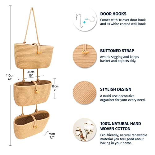 Organihaus Woven Hanging Baskets For Organizing | 3-Tier Hanging Wall Basket For Storage | Boho Nursery Closet Organizer | Wall Mounted Basket | Over The Door Storage Basket For Closet Decor - Honey #TOP1