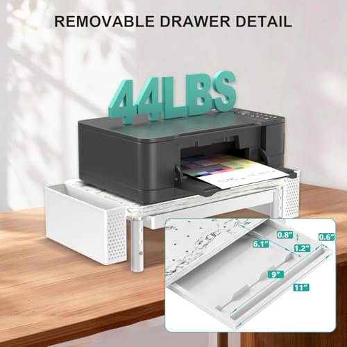 Image of WALI Computer Monitor Stand with Storage, Desk Organizer with Drawer and Pen Holder, Desk Monitor Riser 3 Height Adjustable, Laptop Riser for Computer, Laptop, Printer(PTT003-M), 1 Pack, Marble