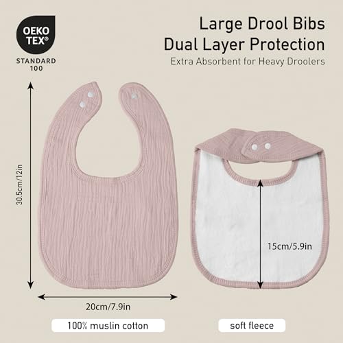 Image of Muslin Bibs for Baby Boy Girl, Adjustable Fit for Drooling and Teething | 6Pk, 100% Soft Cotton Surface & Multi-Layer Absorbent Core, Shrink-resistant & Fade-Proof, Gentle on Sensitive Newborn skin