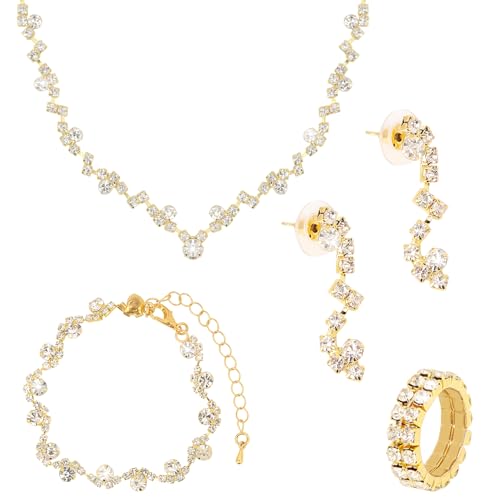 MOTIBACK Parure de bijoux de mariage 4 pièces en or pour femme – Collier, boucles d'oreilles, bague et bracelet pour mariée, bal et fêtes, 22inch, Métal,...
