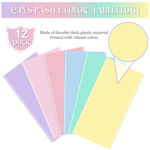 Image of 12Pack Pastel Color Tablecloths,Plastic Mix Color Tablecloth Disposable Rectangle Table Covers for Baby Shower, Wedding, Birthday Party, Easter and Ice Cream Party Decoration,6 Color, 54 x 108 Inch
