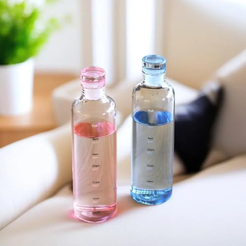 Image of Glass Water Bottle with Time Marker - 500ml Leakproof Reusable Bottle - BPA-Free Transparent Bottle with Colored Lids - Drinking Fridge Bottles Water, Milk, Lassi, Juices, Beverages (blue)