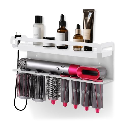 Hyber&Cara Wall Mounted Storage Holder Compatible with Dyson Airwrap Storage Stand Rack No Drill Storagefor Bathroom Shelf Organizer Curling Iron Attachments and Complete Styler (White 1)